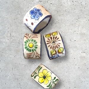 Tonala Mexican Handcrafted Floral Ceramic Napkin Rings Set of 4 Folk Art Cottage